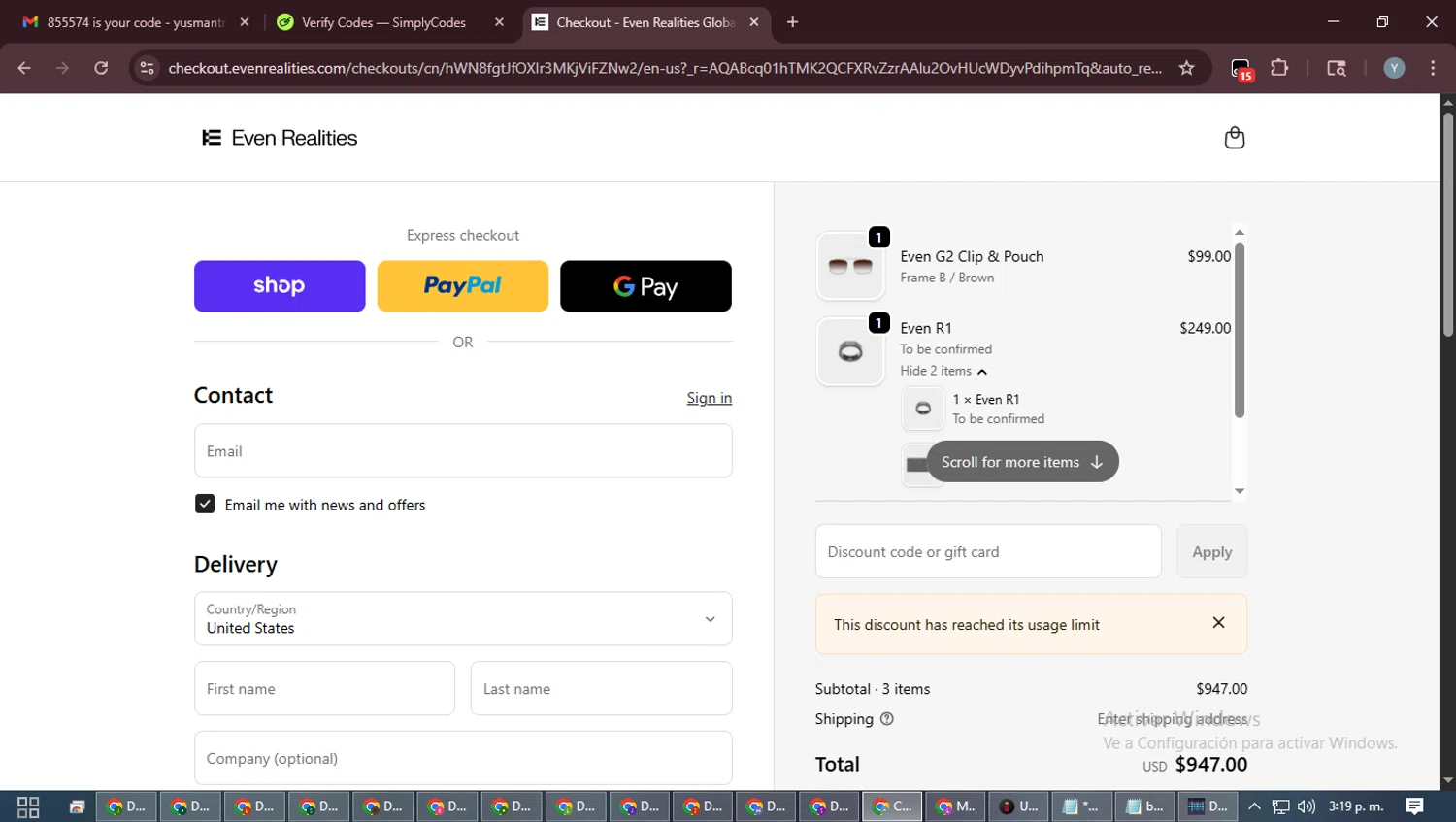Even Realities discount code screenshot showing code ADBKQ applied at Even Realities checkout page. Uploaded by SimplyCodes community member MoneyTiger5162 on Feb 11, 2026