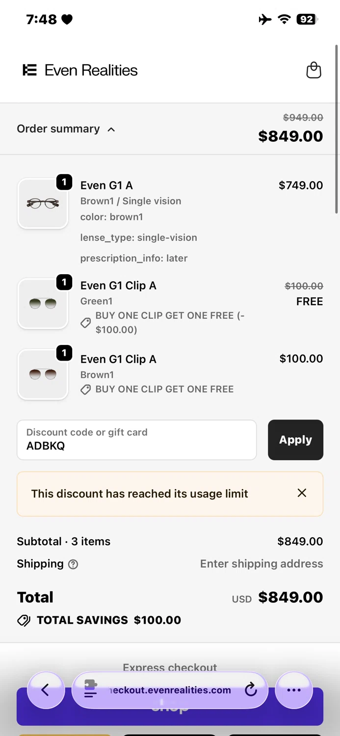 Even Realities discount code screenshot showing code ADBKQ applied at Even Realities checkout page. Uploaded by SimplyCodes community member TraxoGamer on Oct 14, 2025
