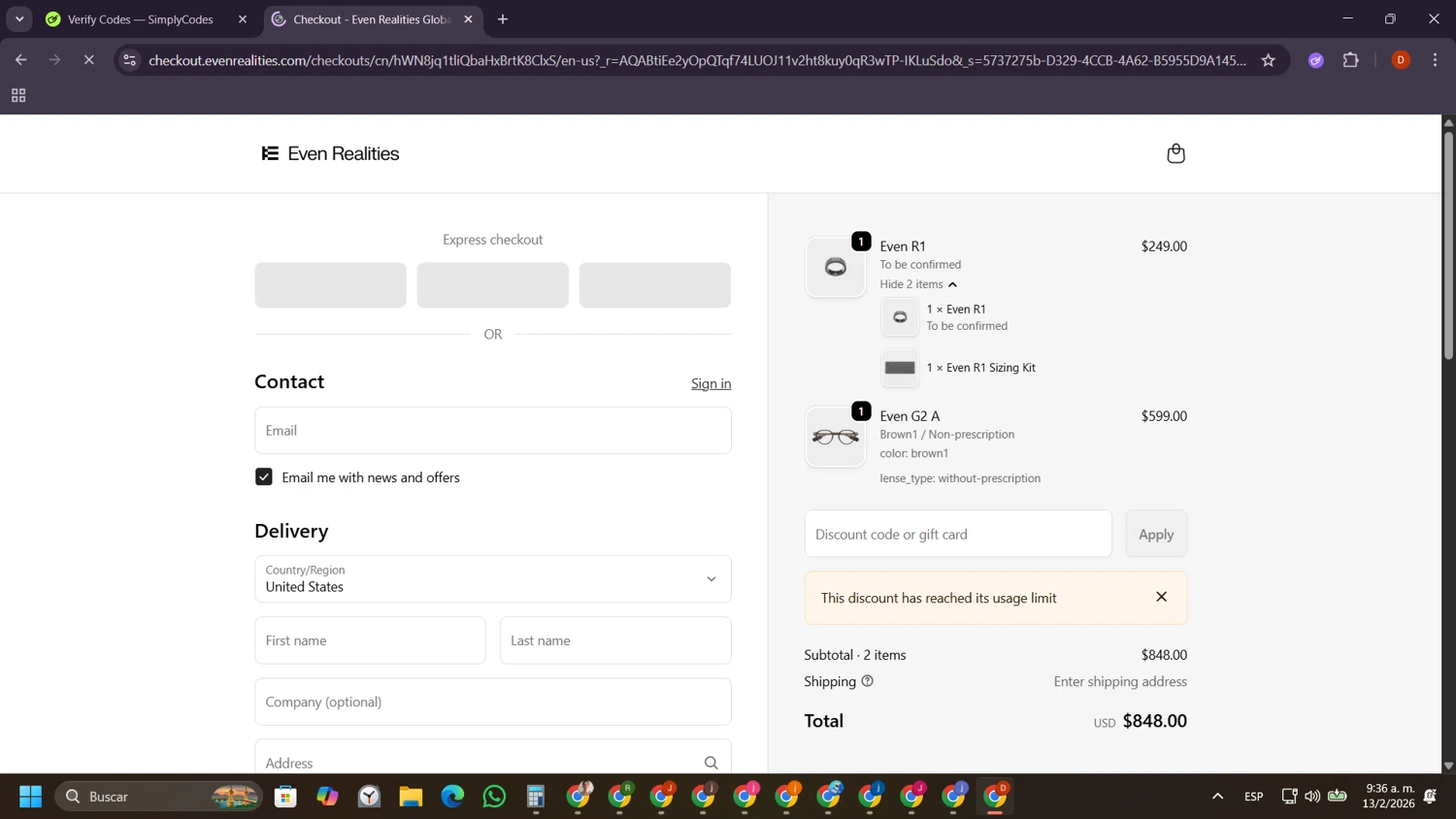 Even Realities discount code screenshot showing code adbm8 applied at Even Realities checkout page. Uploaded by SimplyCodes community member LegendaryCollector9893 on Feb 13, 2026