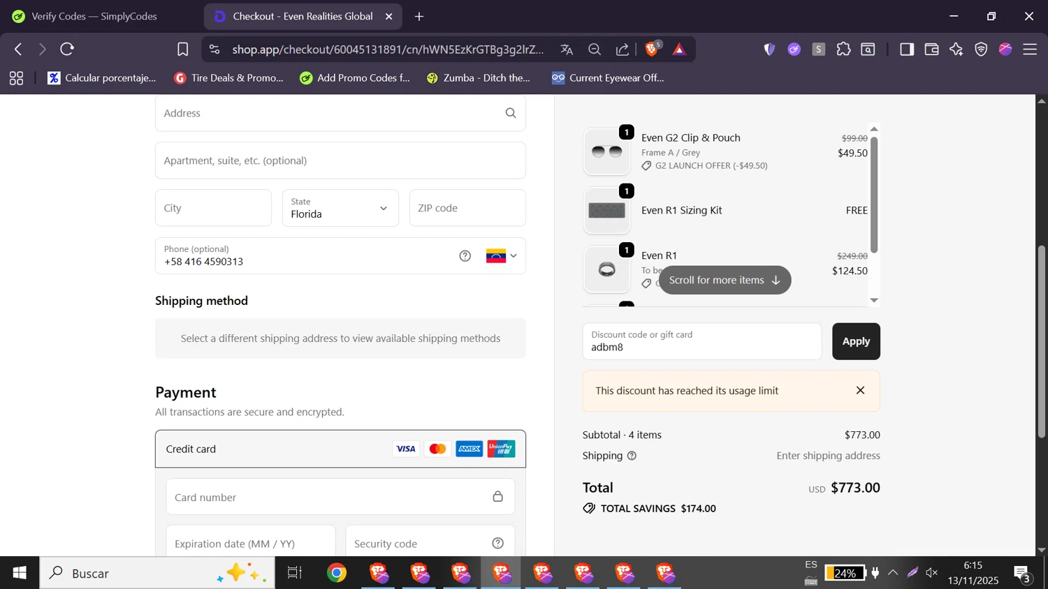 Even Realities discount code screenshot showing code adbm8 applied at Even Realities checkout page. Uploaded by SimplyCodes community member elizabethjames on Nov 13, 2025