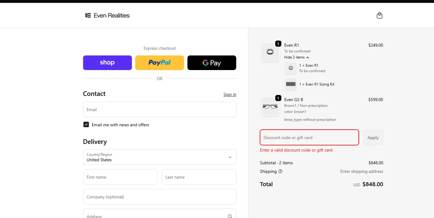 Even Realities discount code screenshot showing code R1FREE applied at Even Realities checkout page. Uploaded by SimplyCodes community member Billyyou on Dec 28, 2025