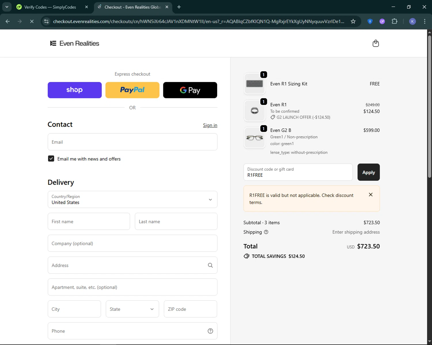 Even Realities checkout page showing Even Realities discount code box | Screenshot taken by SimplyCodes community member on Nov 25, 2025