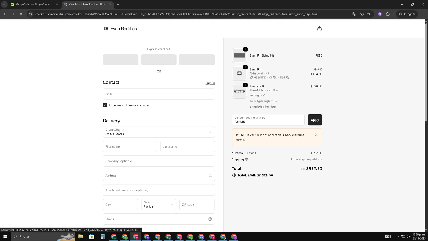 Even Realities checkout page showing Even Realities discount code box | Screenshot taken by SimplyCodes community member on Nov 22, 2025