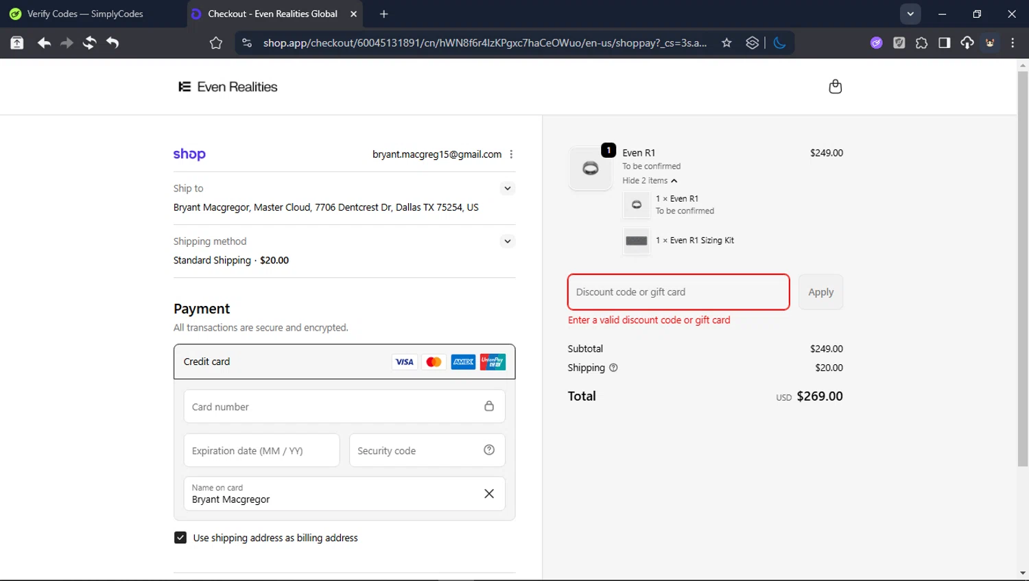 Even Realities discount code screenshot showing code R1FREE applied at Even Realities checkout page. Uploaded by SimplyCodes community member Userr2 on Feb 11, 2026
