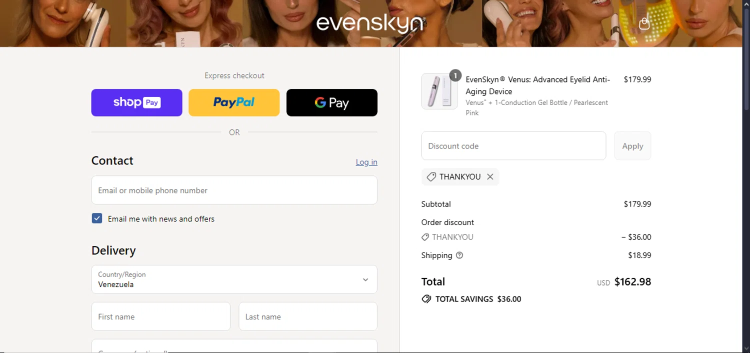 EvenSkyn discount code screenshot showing code thankyou applied at EvenSkyn checkout page. Uploaded by SimplyCodes community member ArgoByte on Jul 22, 2025