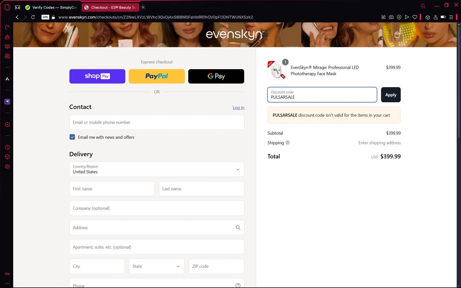 EvenSkyn discount code screenshot showing code PULSARSALE applied at EvenSkyn checkout page. Uploaded by SimplyCodes community member frijolito on Mar 14, 2025