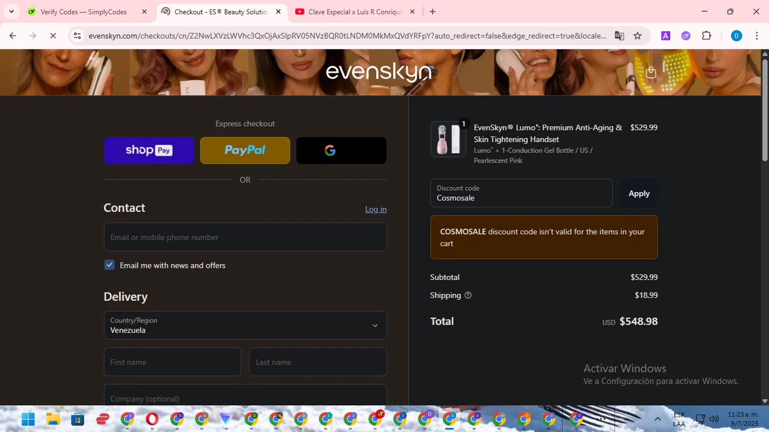EvenSkyn discount code screenshot showing code Cosmosale applied at EvenSkyn checkout page. Uploaded by SimplyCodes community member saltediosteve on Jul 9, 2025