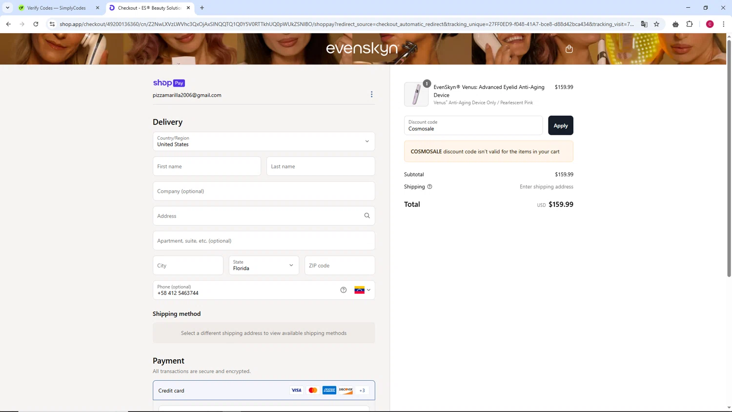 EvenSkyn discount code screenshot showing code Cosmosale applied at EvenSkyn checkout page. Uploaded by SimplyCodes community member TOROREX250 on Apr 25, 2025