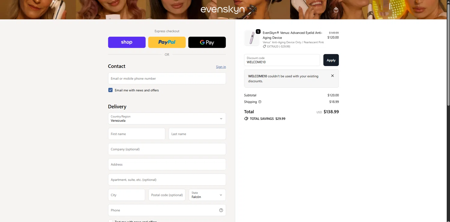 EvenSkyn discount code screenshot showing code WELCOME10 applied at EvenSkyn checkout page. Uploaded by SimplyCodes community member LegendaryCurator4133 on Nov 29, 2025
