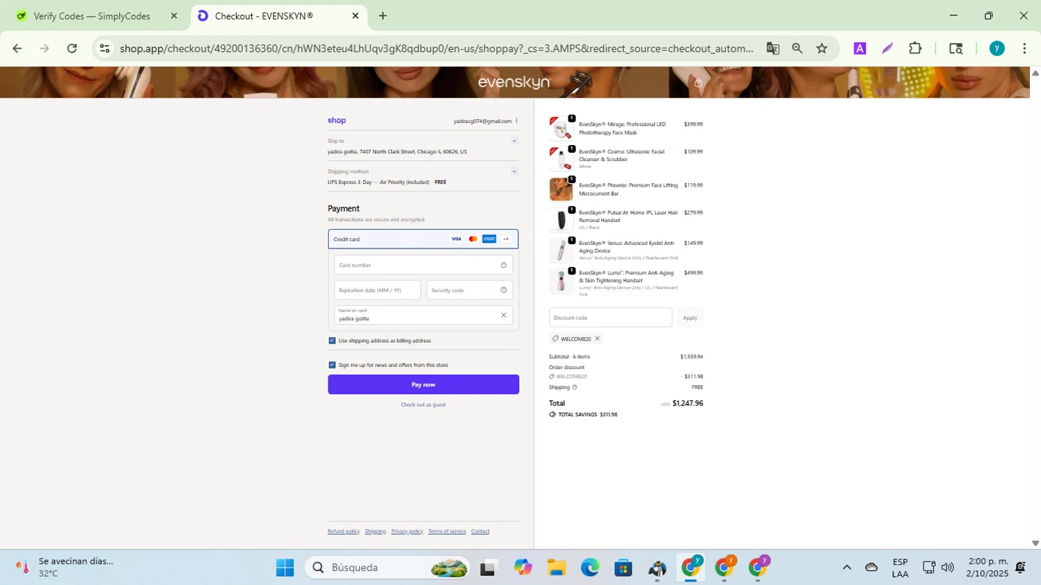 EvenSkyn discount code screenshot showing code WELCOME20 applied at EvenSkyn checkout page. Uploaded by SimplyCodes community member yadiracg074 on Oct 2, 2025