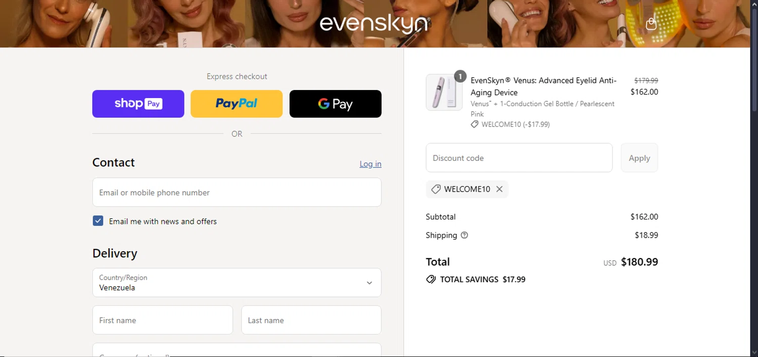 EvenSkyn discount code screenshot showing code WELCOME10 applied at EvenSkyn checkout page. Uploaded by SimplyCodes community member ArgoByte on Jul 22, 2025