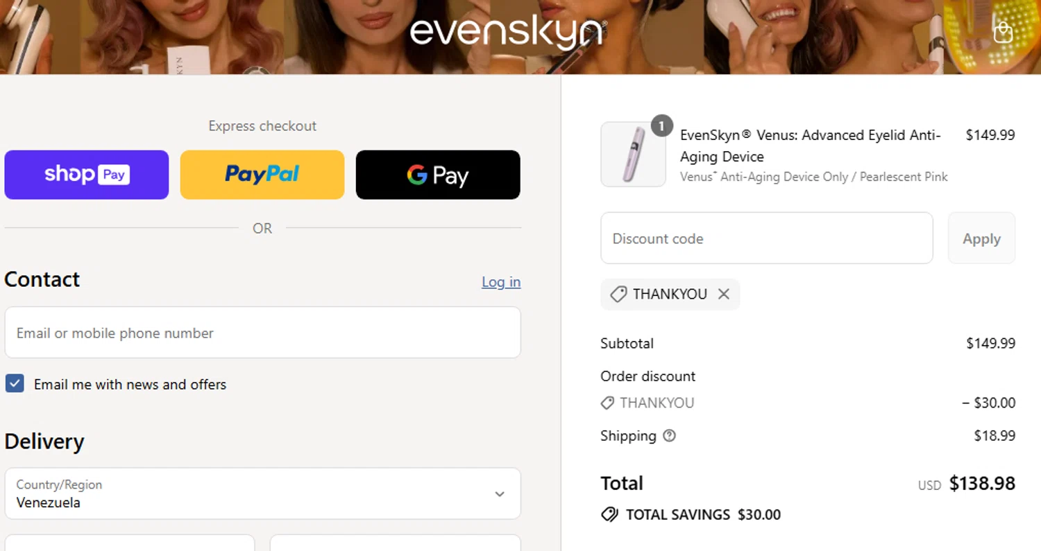EvenSkyn discount code screenshot showing code THANKYOU applied at EvenSkyn checkout page. Uploaded by SimplyCodes community member Jhonny on Jul 22, 2025