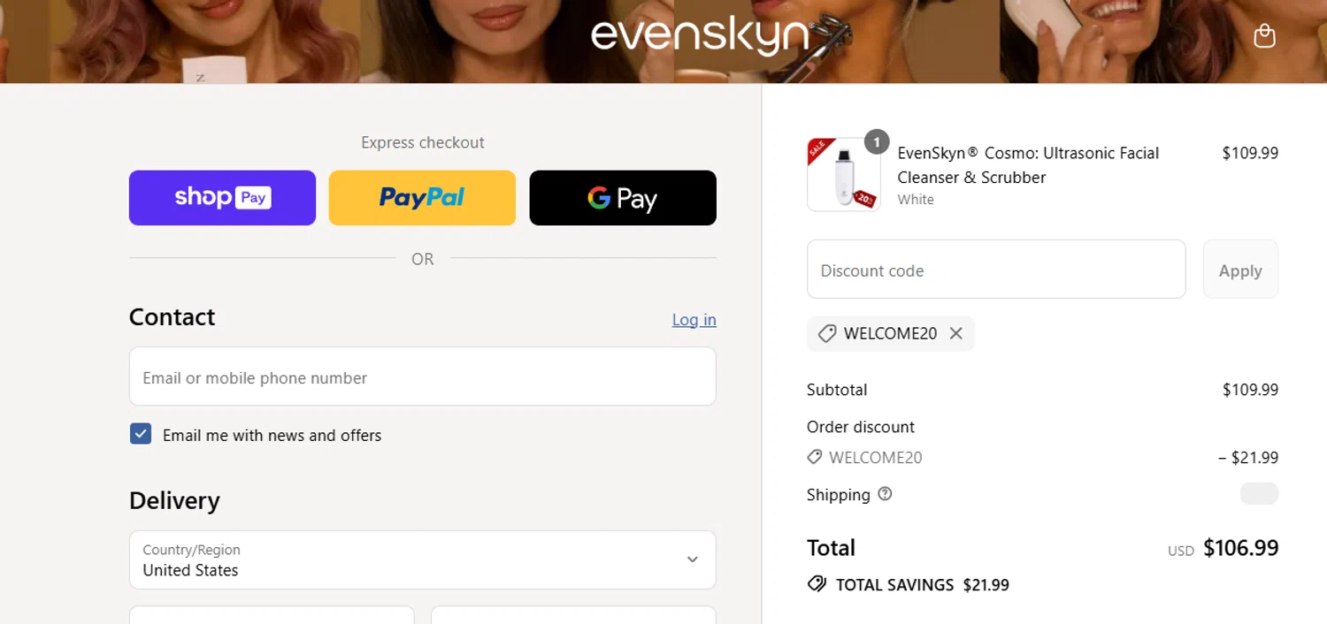 EvenSkyn discount code screenshot showing code WELCOME20 applied at EvenSkyn checkout page. Uploaded by SimplyCodes community member jesspea on Aug 8, 2025