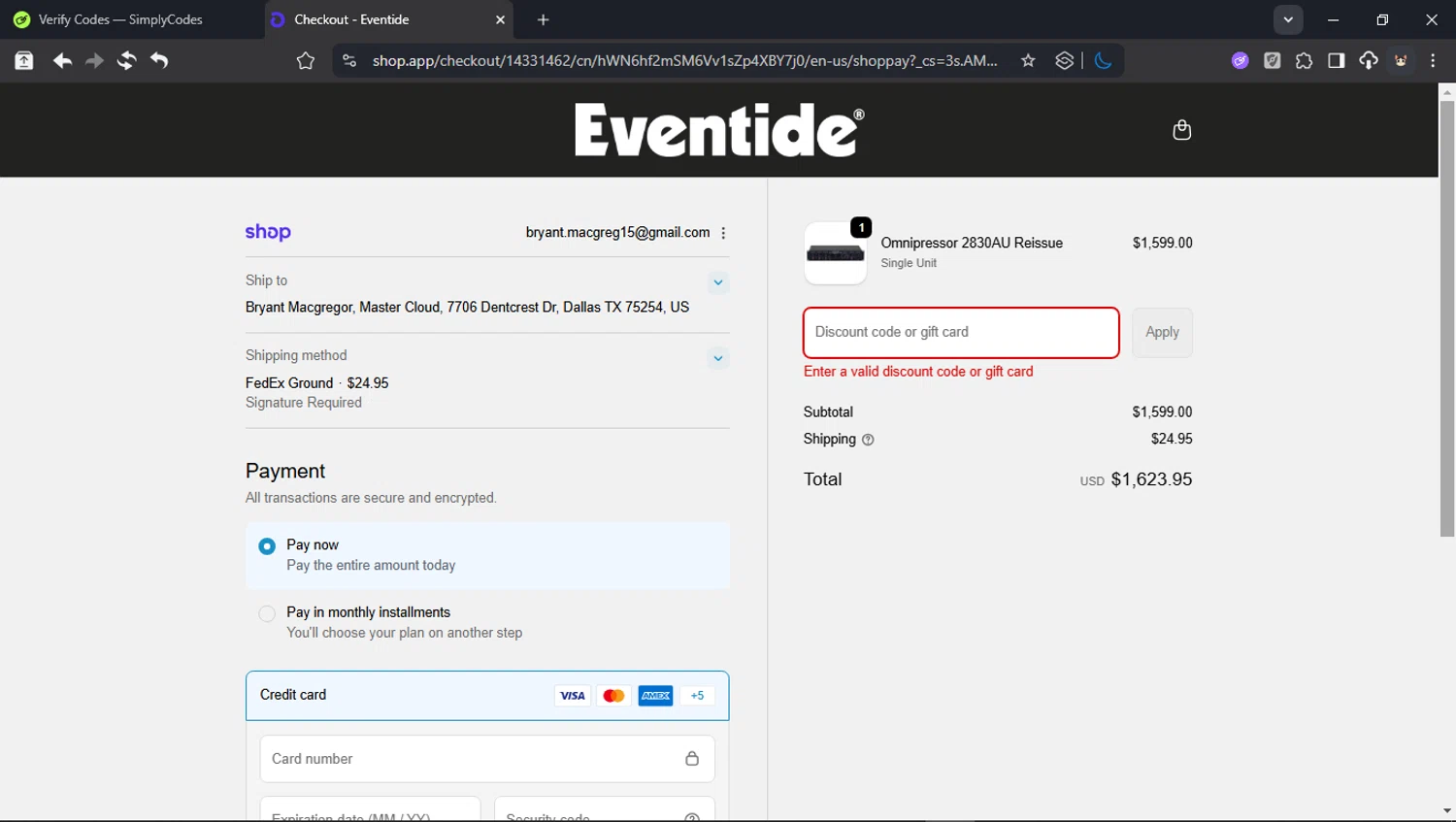 Eventide promo code screenshot showing code tapeop20 applied at Eventide checkout page. Uploaded by SimplyCodes community member BudgetCollector3125 on Dec 21, 2025