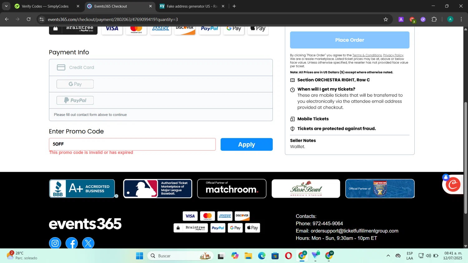 Events365 promo code screenshot showing code 5OFF applied at Events365 checkout page. Uploaded by SimplyCodes community member CouponSentinel181 on Jul 12, 2025