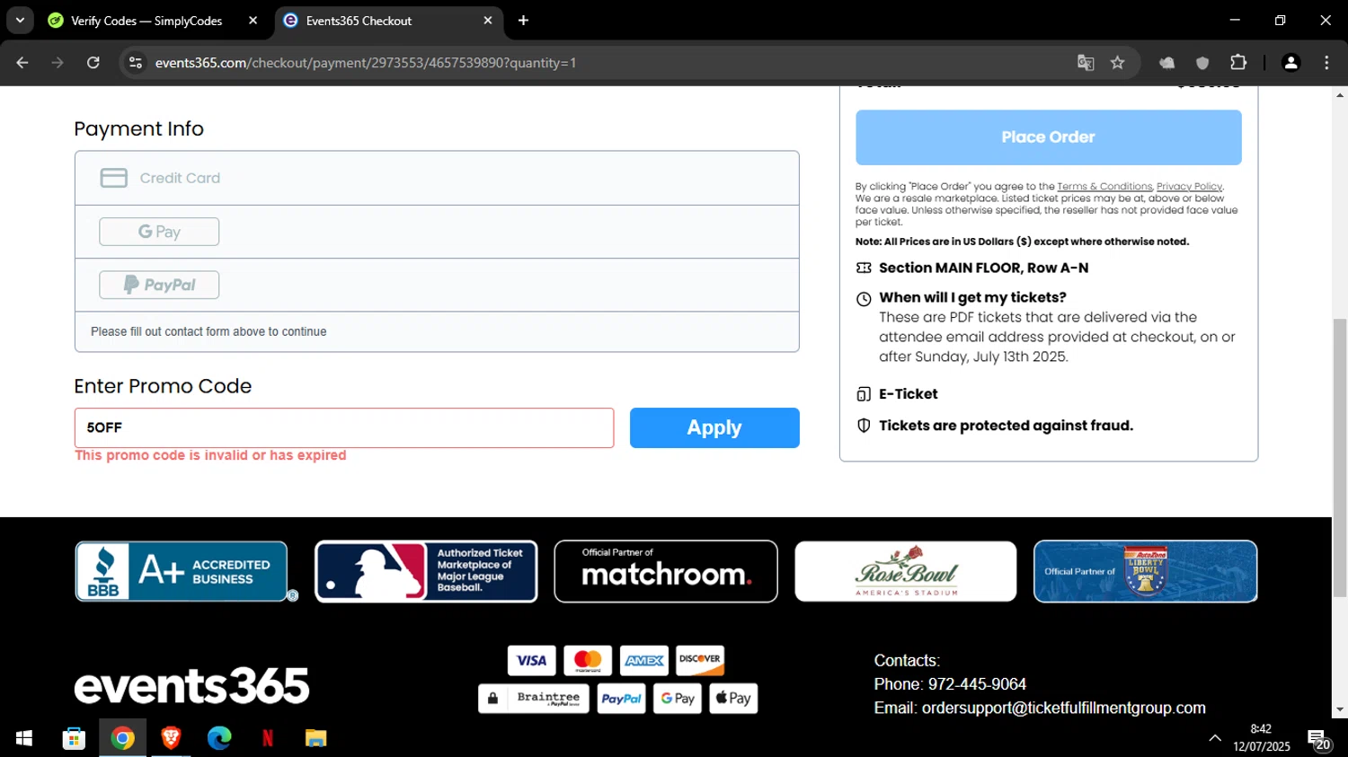 Events365 promo code screenshot showing code 5OFF applied at Events365 checkout page. Uploaded by SimplyCodes community member Luckystrike on Jul 12, 2025