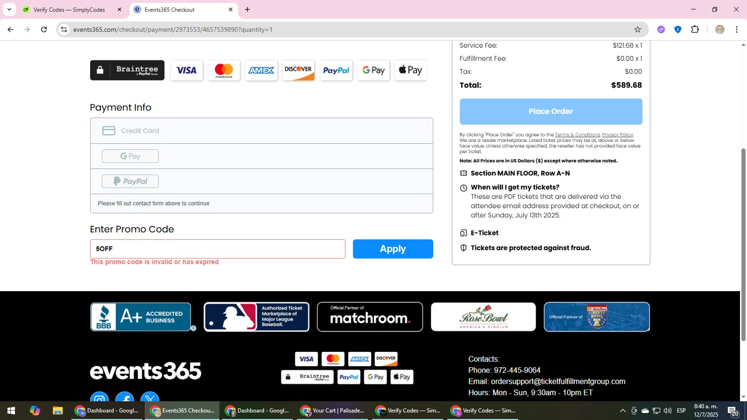 Events365 promo code screenshot showing code 5OFF applied at Events365 checkout page. Uploaded by SimplyCodes community member NobleScholar4826 on Jul 12, 2025