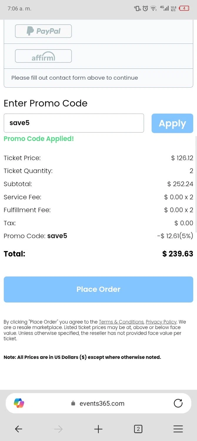 Events365 promo code screenshot showing code save5 applied at Events365 checkout page. Uploaded by SimplyCodes community member Enmanuel17 on Nov 26, 2025