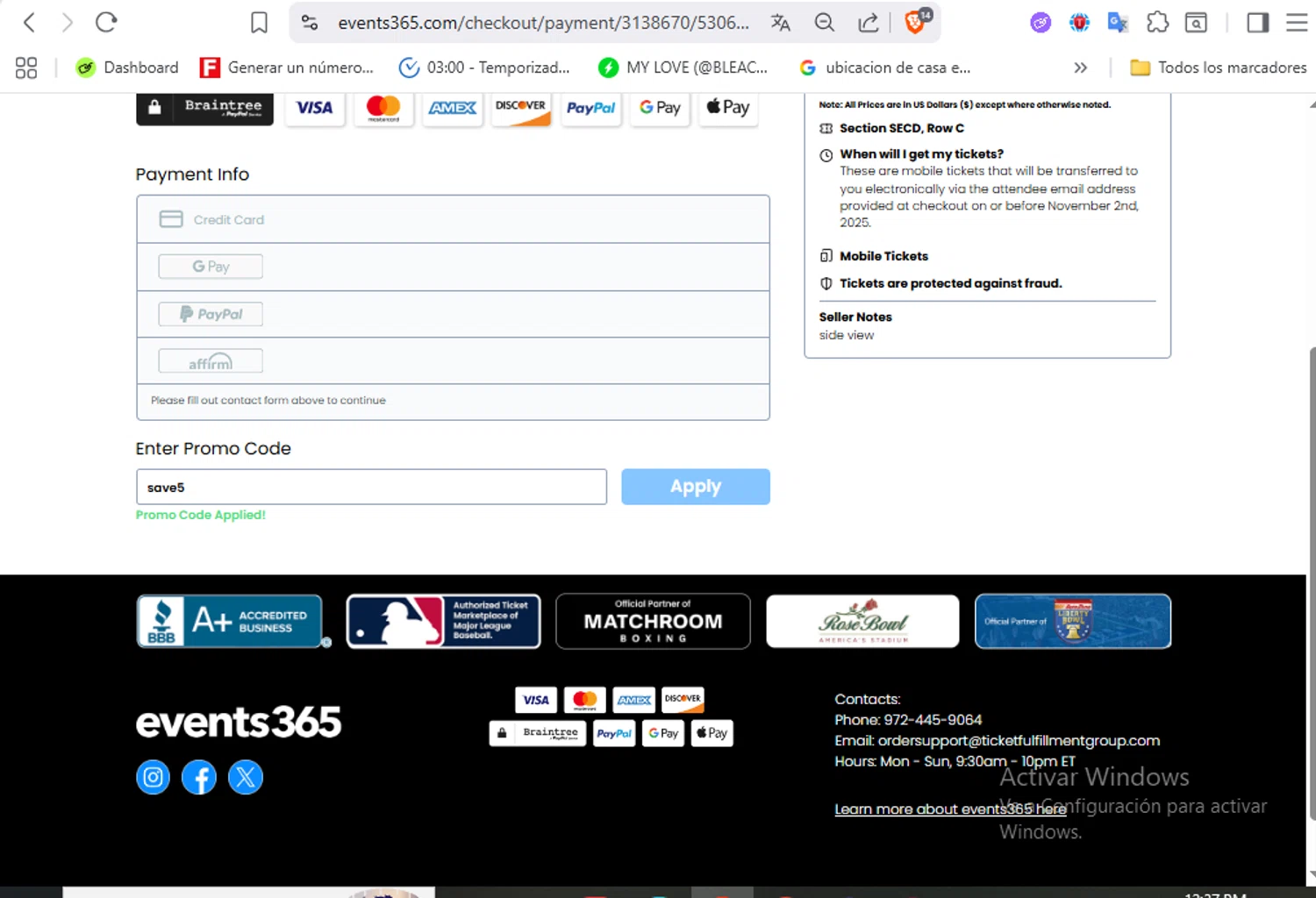 Events365 checkout page showing Events365 promo code box | Screenshot taken by SimplyCodes community member on Oct 28, 2025