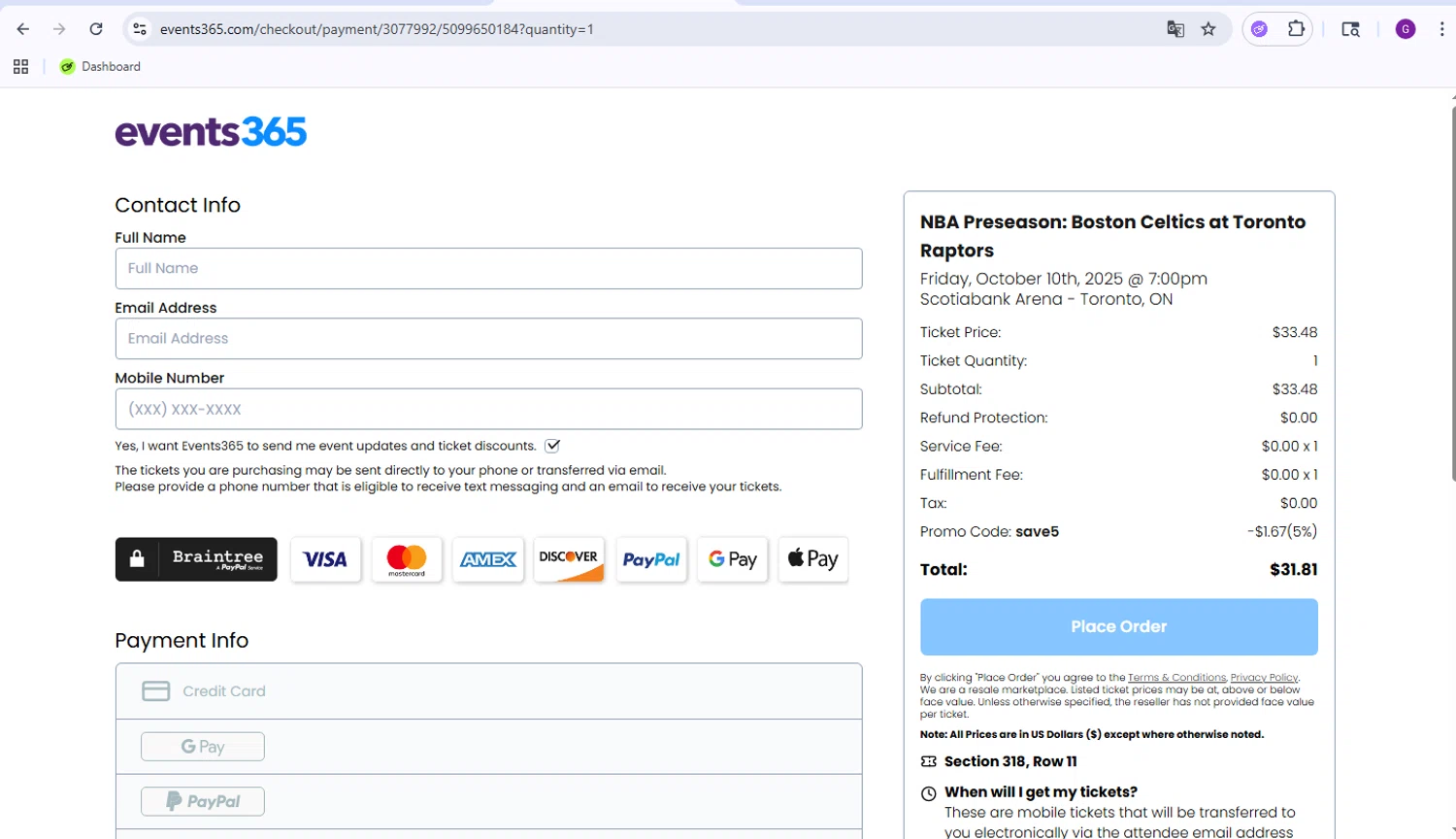 Events365 checkout page showing Events365 promo code box | Screenshot taken by SimplyCodes community member on Sep 29, 2025