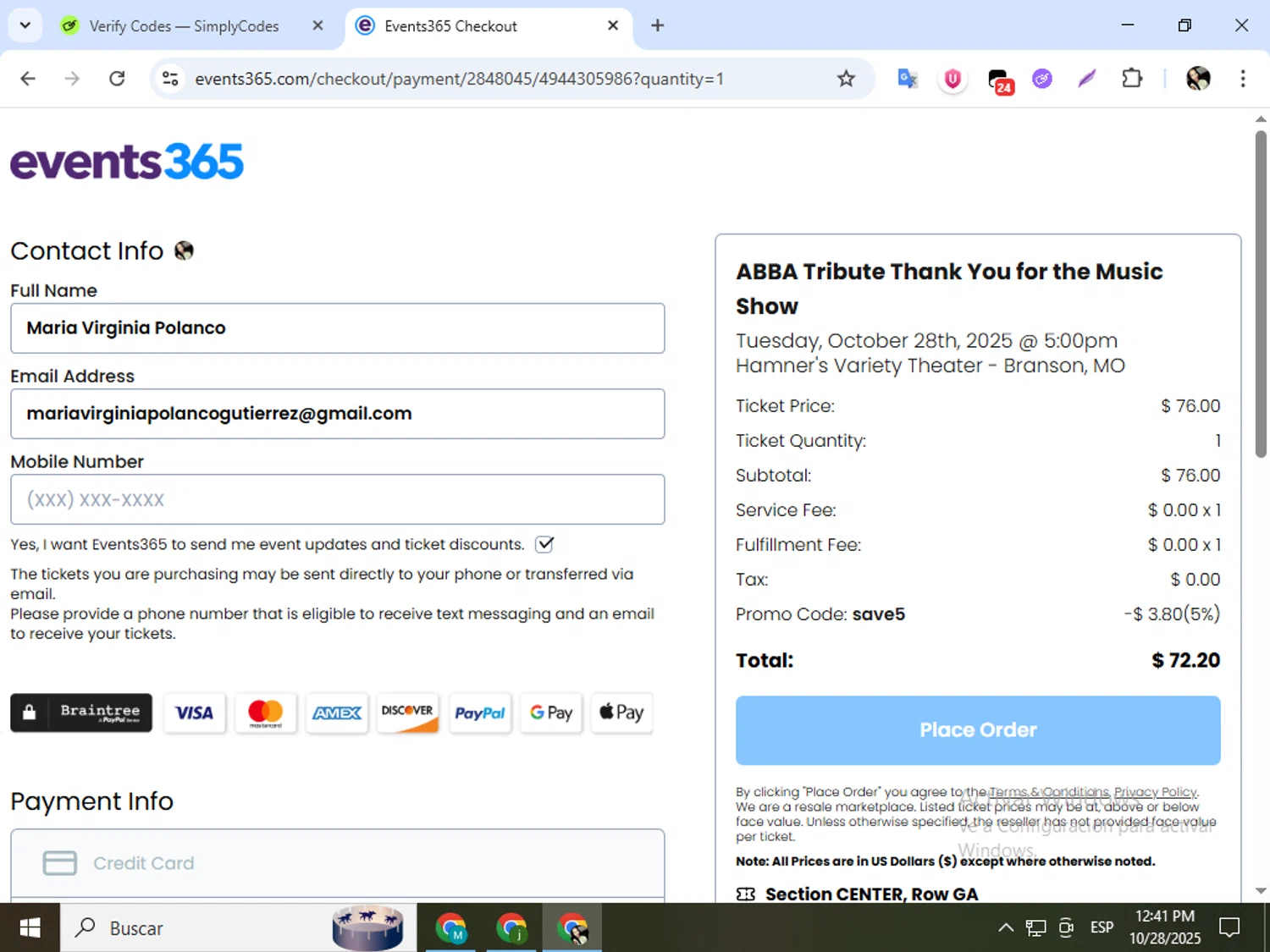 Events365 checkout page showing Events365 promo code box | Screenshot taken by SimplyCodes community member on Oct 28, 2025
