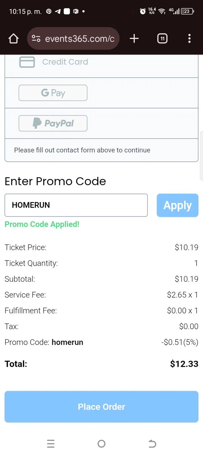 Events365 promo code screenshot showing code HOMERUN applied at Events365 checkout page. Uploaded by SimplyCodes community member kellymoreno on Jul 8, 2025