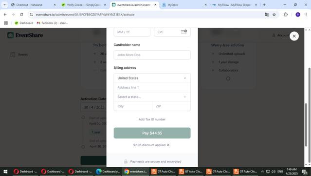 EventShare checkout page showing EventShare discount code box | Screenshot taken by SimplyCodes community member on Apr 25, 2025