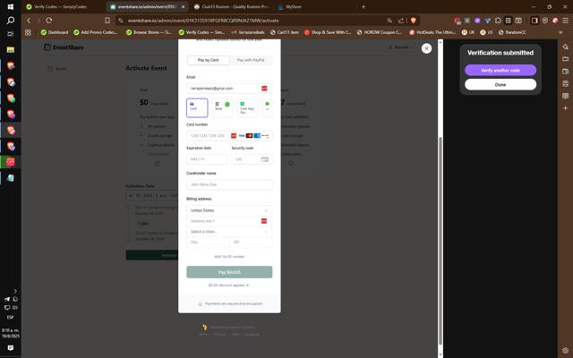 EventShare checkout page showing EventShare discount code box | Screenshot taken by SimplyCodes community member on Aug 19, 2025