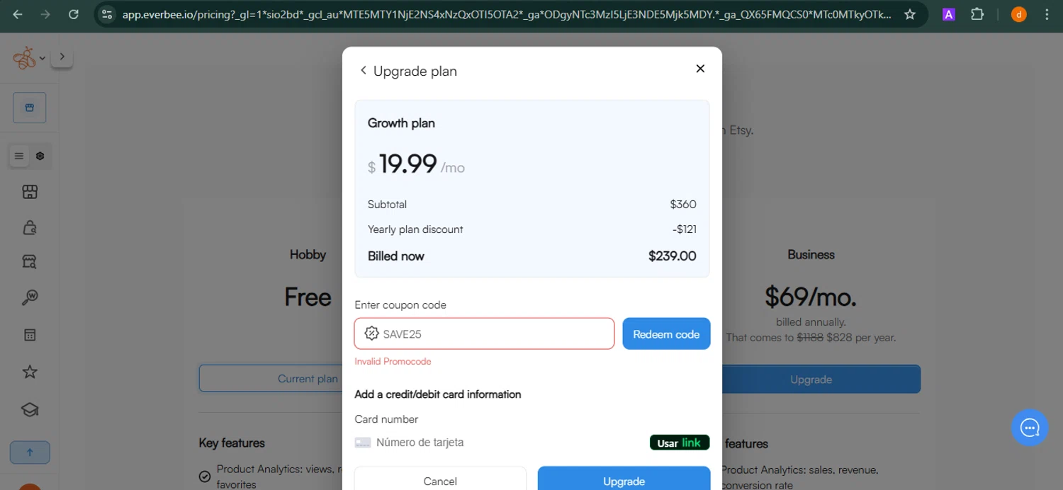EverBee promo code screenshot showing code SAVE25 applied at EverBee checkout page. Uploaded by SimplyCodes community member PennyAdmiral6960 on Mar 14, 2025
