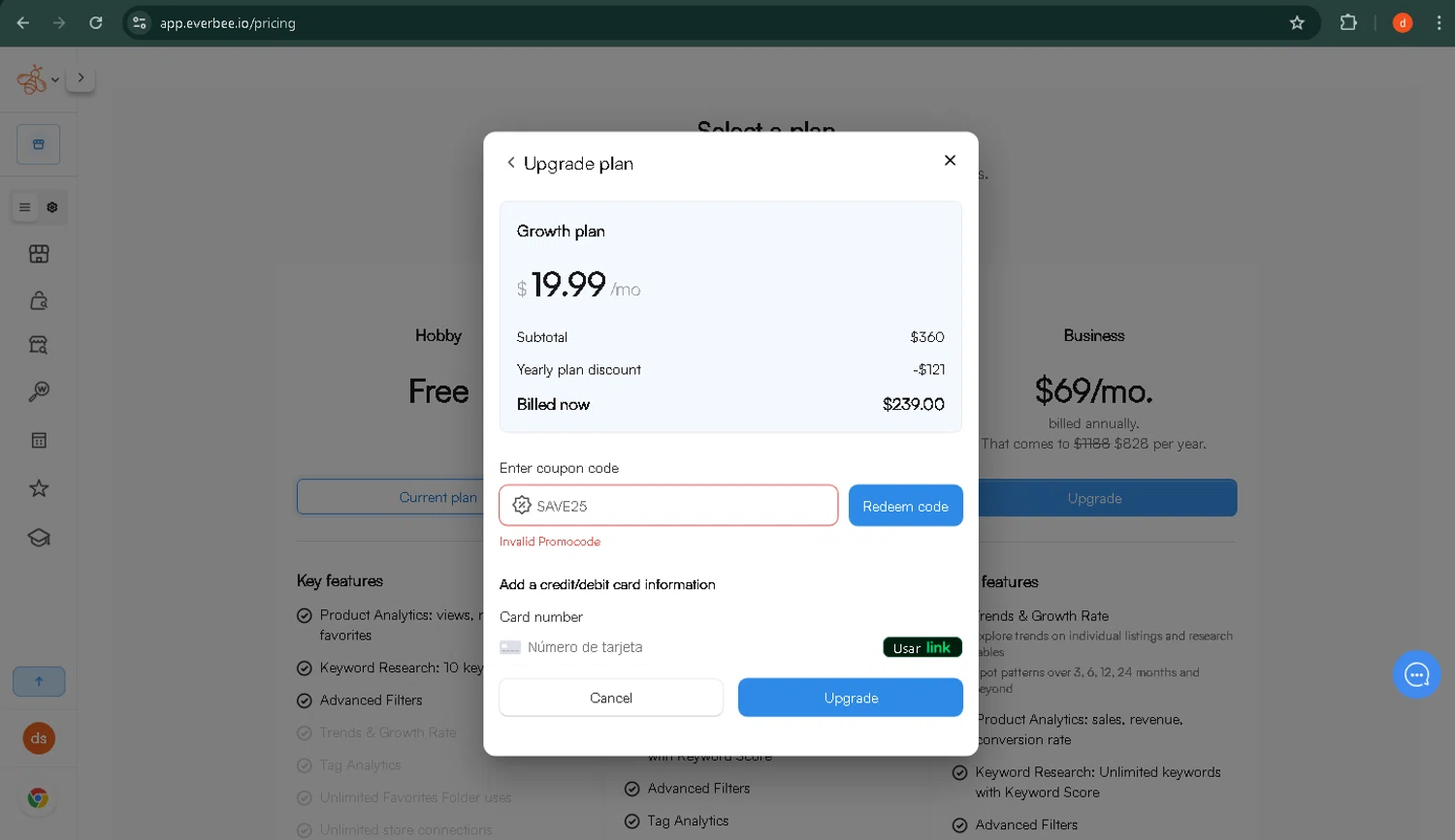 EverBee promo code screenshot showing code SAVE25 applied at EverBee checkout page. Uploaded by SimplyCodes community member VictoriaMoyeda on Jul 26, 2025