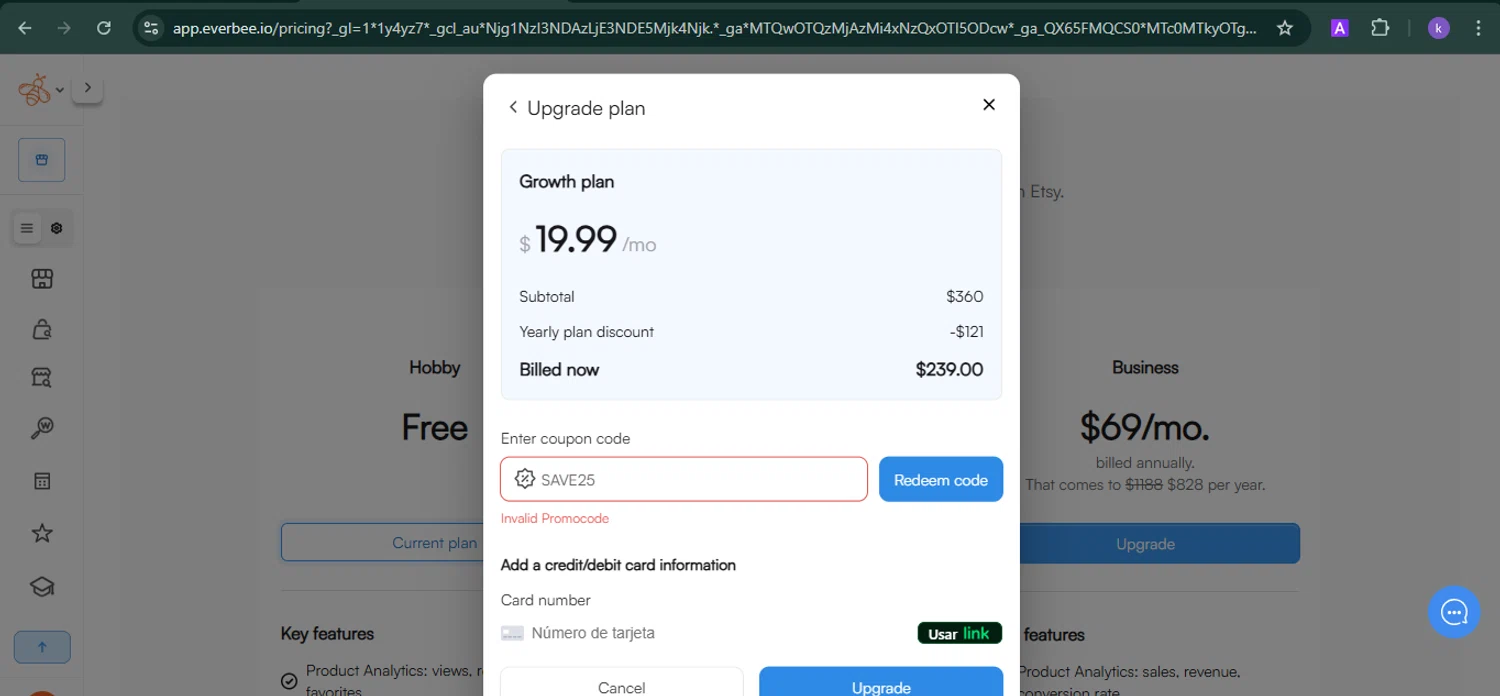 EverBee promo code screenshot showing code SAVE25 applied at EverBee checkout page. Uploaded by SimplyCodes community member SwiftLynx6587 on Mar 14, 2025