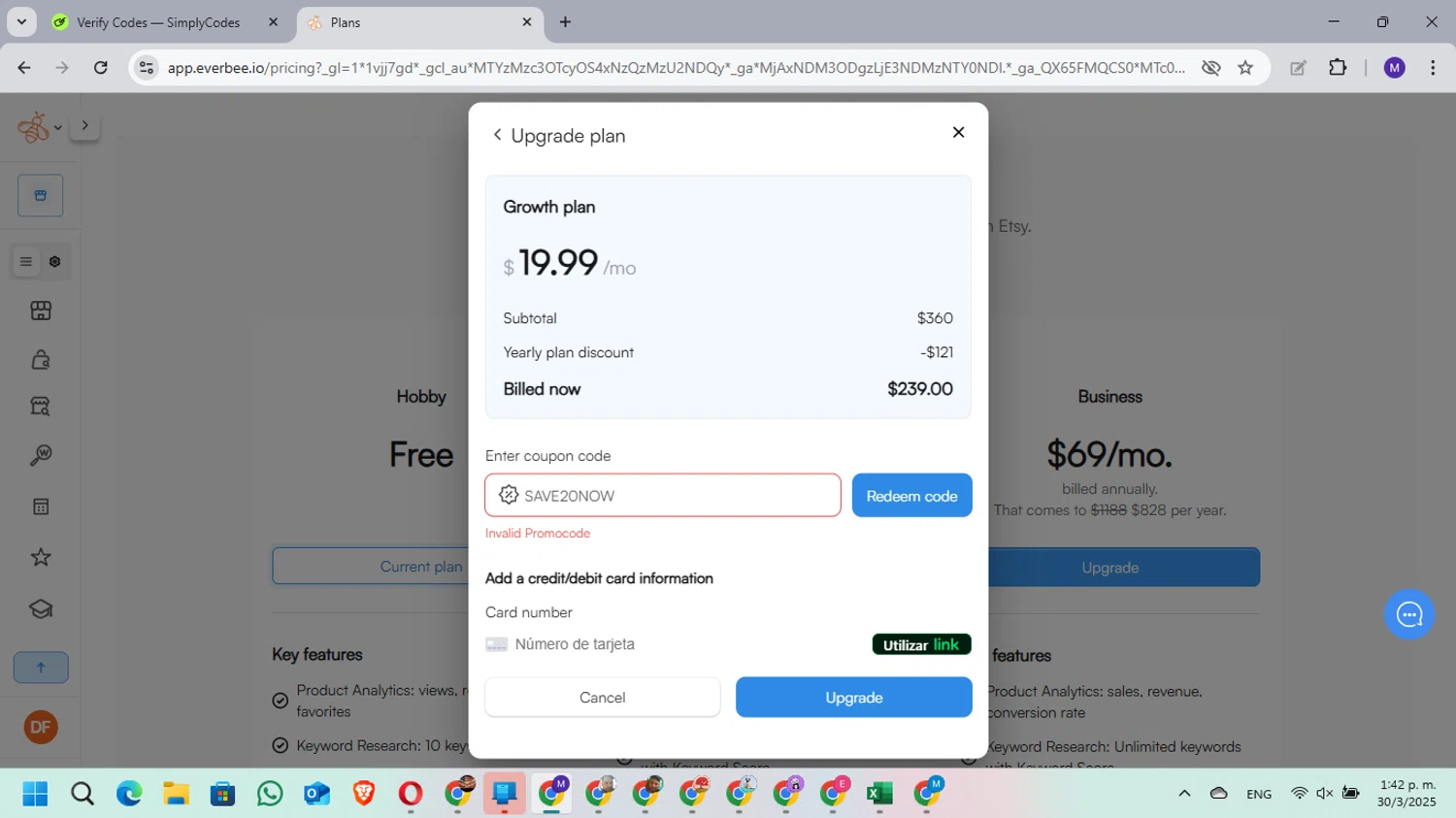 EverBee promo code screenshot showing code SAVE20NOW applied at EverBee checkout page. Uploaded by SimplyCodes community member MarielisPb on Mar 30, 2025