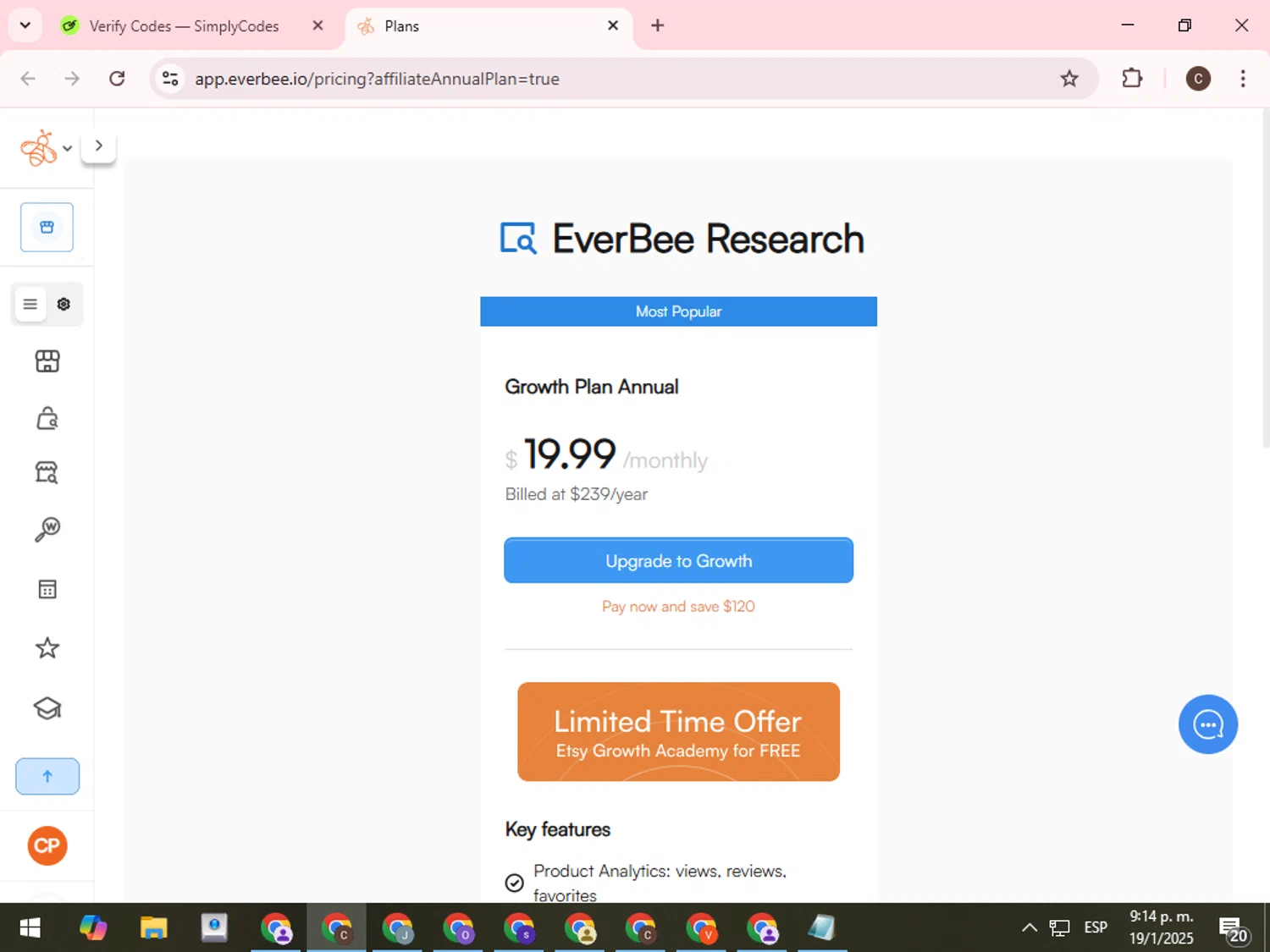EverBee checkout page showing EverBee promo code box | Screenshot taken by SimplyCodes community member on Jan 20, 2025