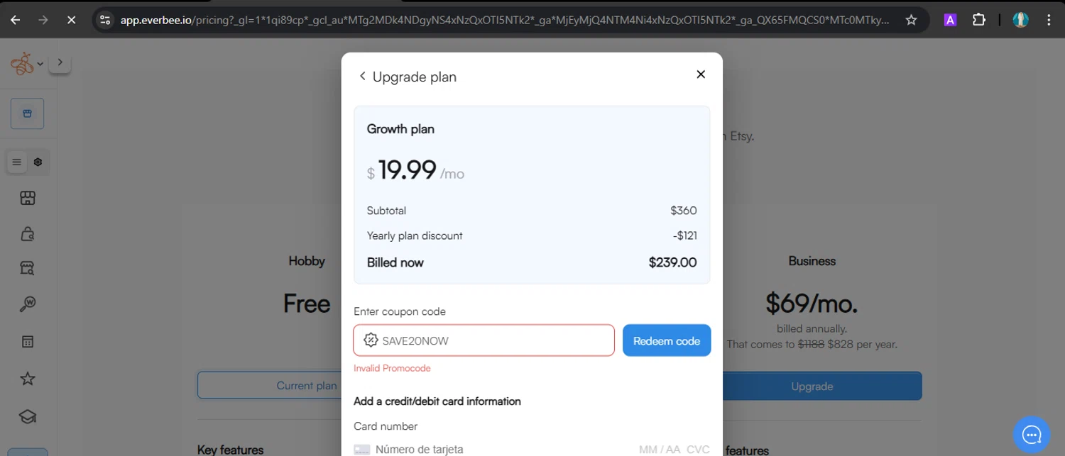 EverBee promo code screenshot showing code SAVE20NOW applied at EverBee checkout page. Uploaded by SimplyCodes community member GoldTracker5558 on Mar 14, 2025