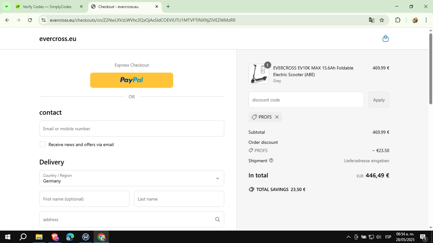 Evercross discount code screenshot showing code Prof5 applied at Evercross checkout page. Uploaded by SimplyCodes community member CashExpert3657 on May 28, 2025