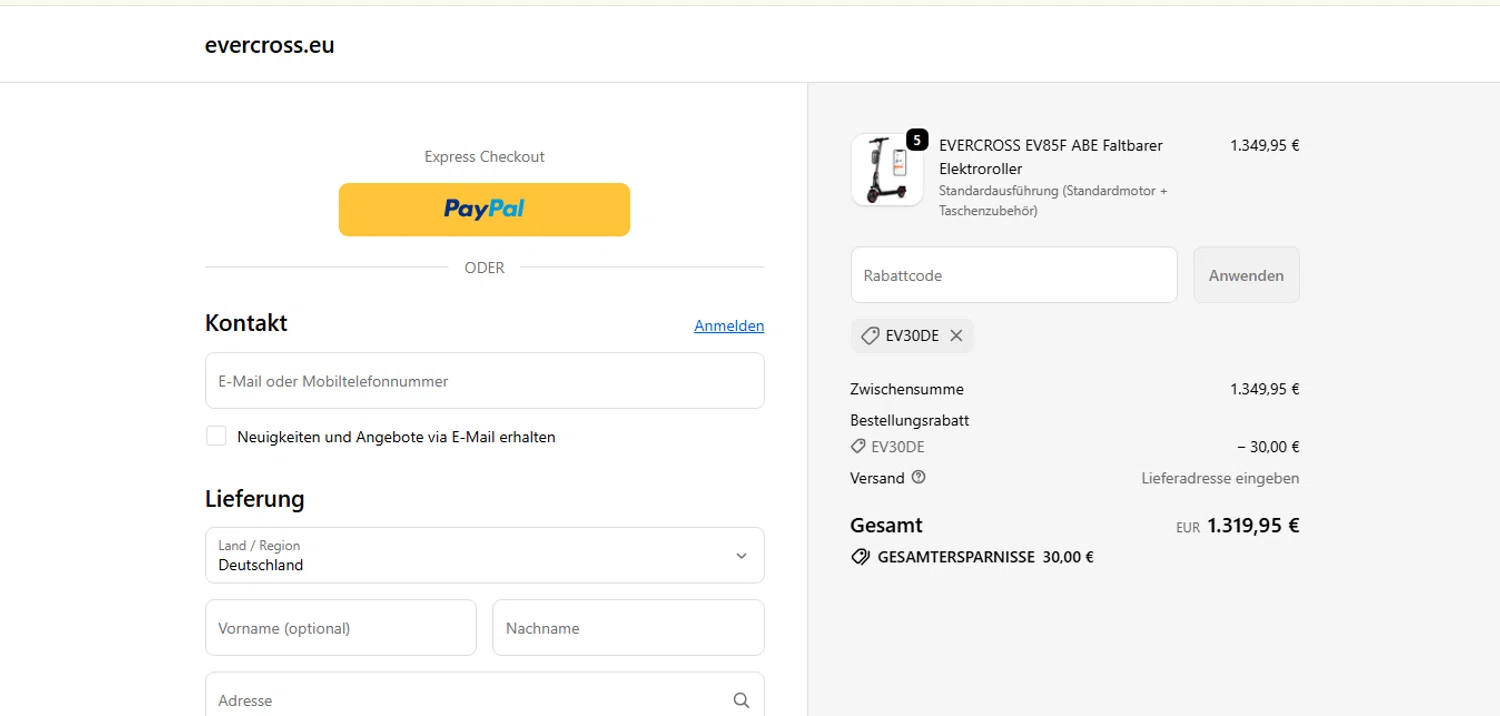 Evercross discount code screenshot showing code EV30DE applied at Evercross checkout page. Uploaded by SimplyCodes community member MoneyHunter5624 on Dec 24, 2025