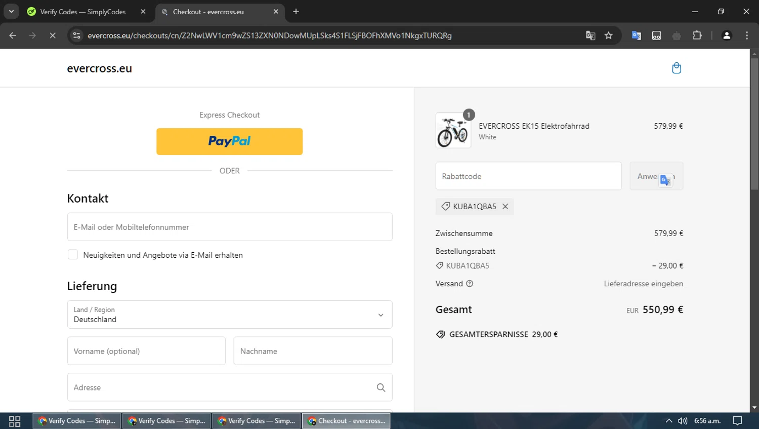 Evercross discount code screenshot showing code KUBA1QBA5 applied at Evercross checkout page. Uploaded by SimplyCodes community member dennygomez on Feb 8, 2025