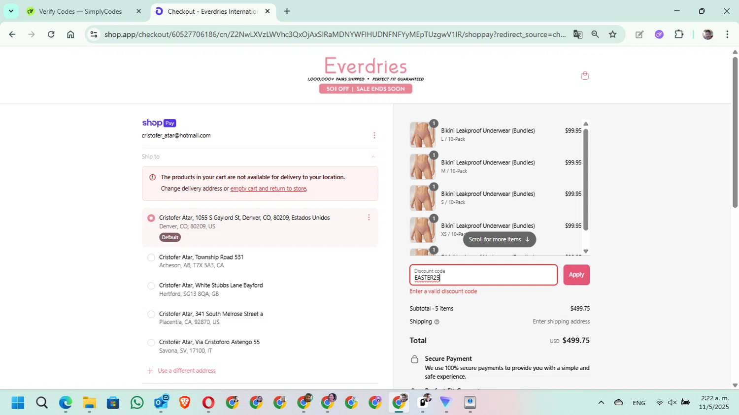 Everdries discount code screenshot showing code EASTER25 applied at Everdries checkout page. Uploaded by SimplyCodes community member DavGutFig on May 11, 2025