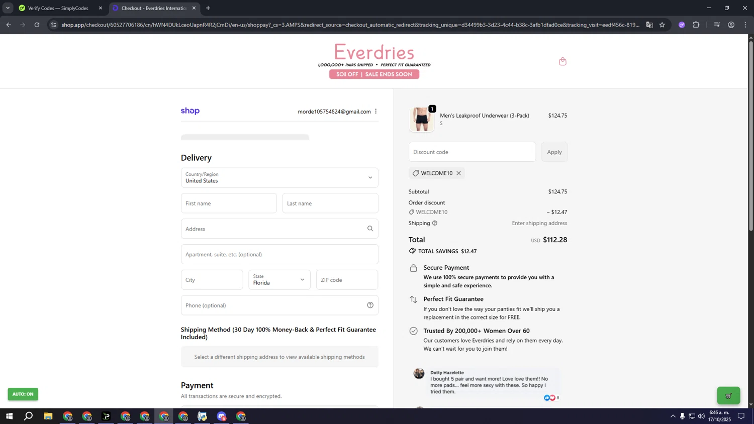 Everdries discount code screenshot showing code WELCOME10 applied at Everdries checkout page. Uploaded by SimplyCodes community member fffffffffffffffffff on Oct 17, 2025