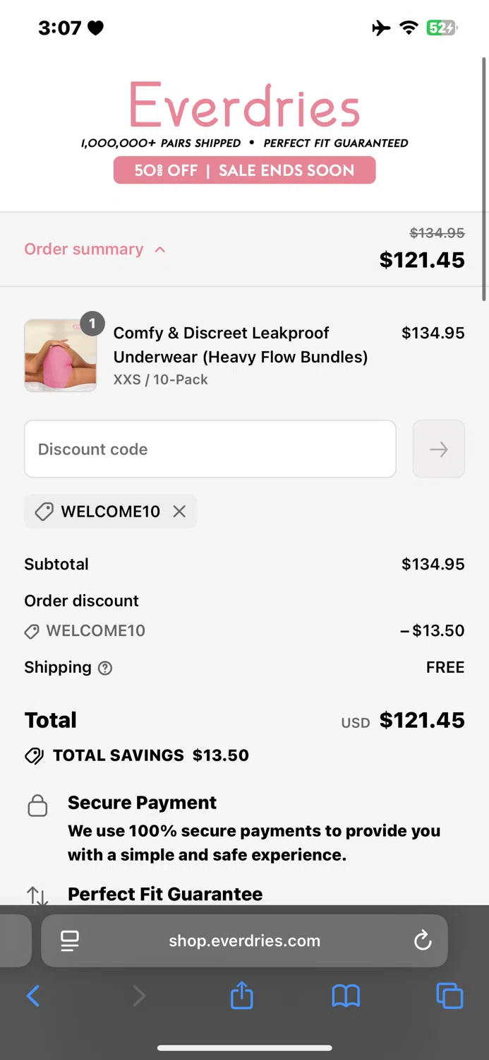 Everdries discount code screenshot showing code WELCOME10 applied at Everdries checkout page. Uploaded by SimplyCodes community member TraxoGamer on Jul 22, 2025