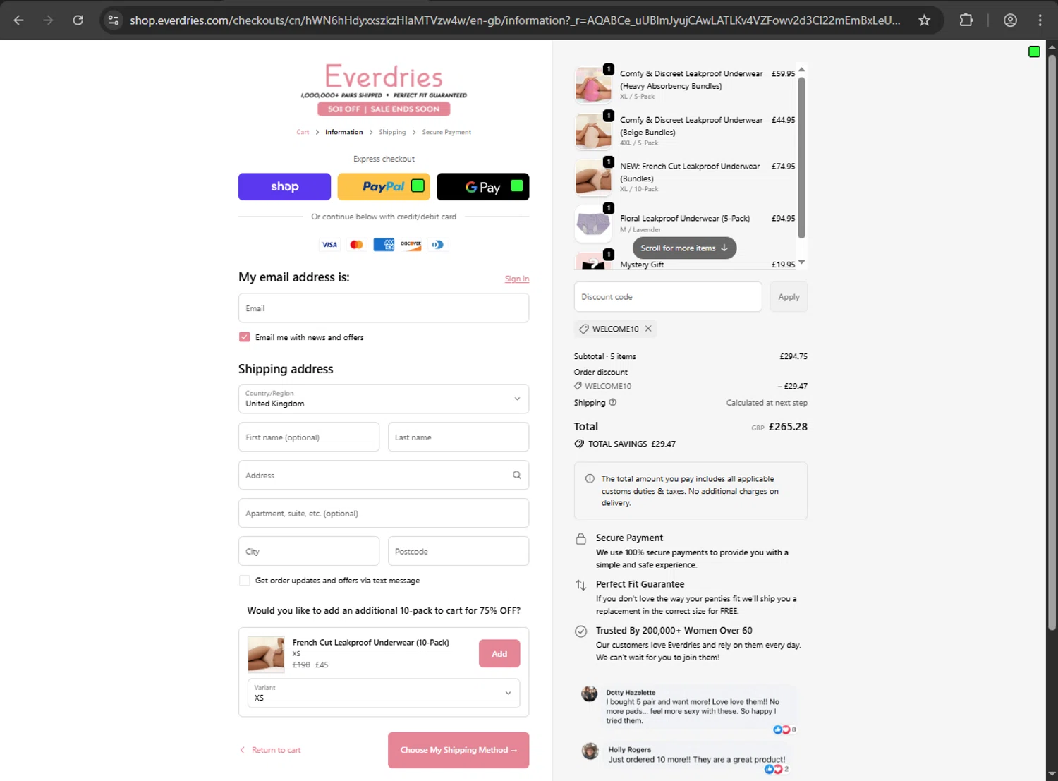 Everdries discount code screenshot showing code WELCOME10 applied at Everdries checkout page. Uploaded by SimplyCodes community member kaiser2 on Dec 21, 2025