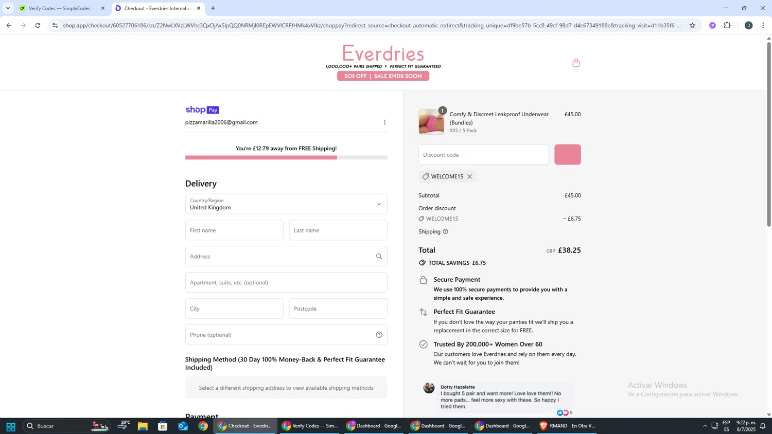 Everdries discount code screenshot showing code WELCOME15 applied at Everdries checkout page. Uploaded by SimplyCodes community member AVATIGRITO on Jul 9, 2025
