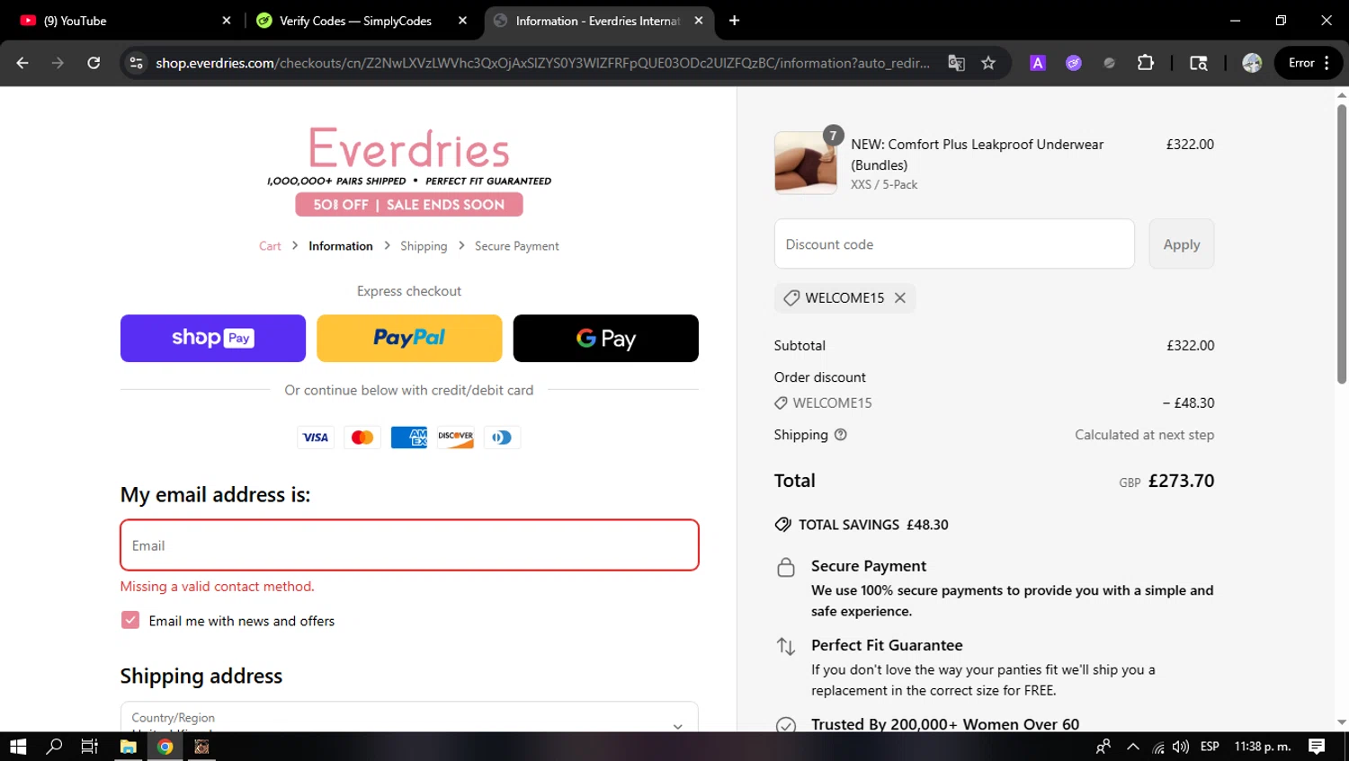 Everdries discount code screenshot showing code WELCOME15 applied at Everdries checkout page. Uploaded by SimplyCodes community member jesusalejandro on May 23, 2025