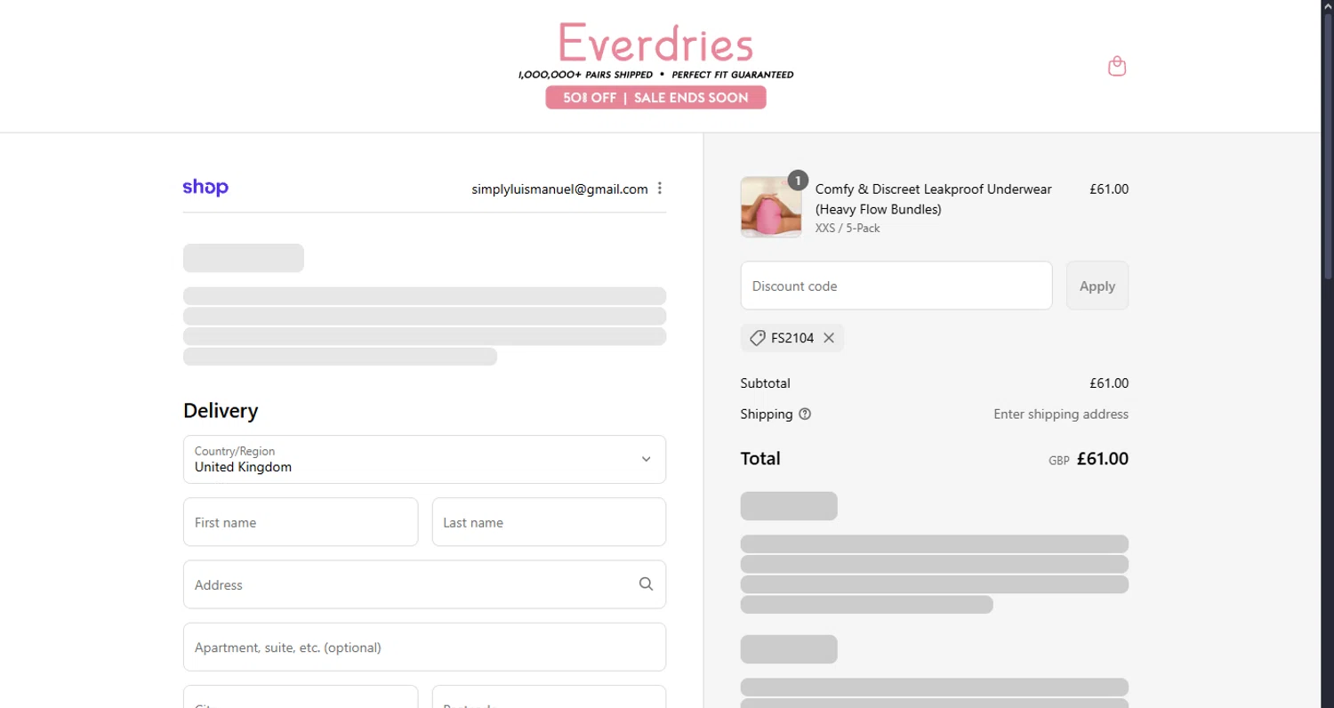 Everdries discount code screenshot showing code FS2104 applied at Everdries checkout page. Uploaded by SimplyCodes community member MoneyScout2554 on Sep 7, 2025