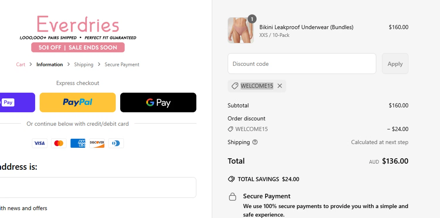 Everdries discount code screenshot showing code WELCOME15 applied at Everdries checkout page. Uploaded by SimplyCodes community member aumentadax10 on Apr 24, 2025