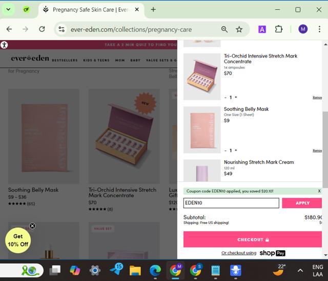 Evereden checkout page showing Evereden promo code box | Screenshot taken by SimplyCodes community member on Oct 10, 2024