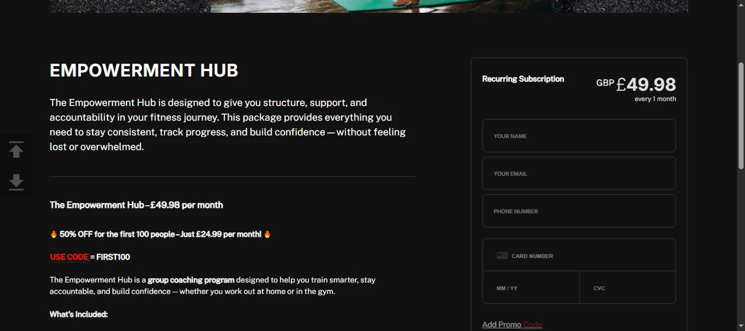 Everfit Software promo code screenshot showing code FIRST100 applied at Everfit Software checkout page. Uploaded by SimplyCodes community member 111111 on Apr 27, 2025