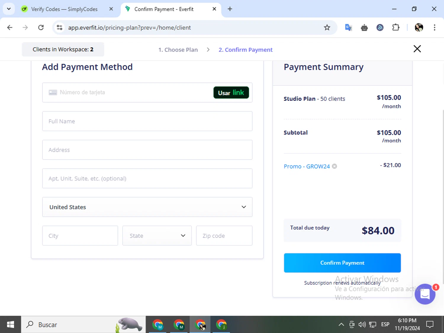 Everfit Software checkout page showing Everfit Software promo code box | Screenshot taken by SimplyCodes community member on Nov 19, 2024