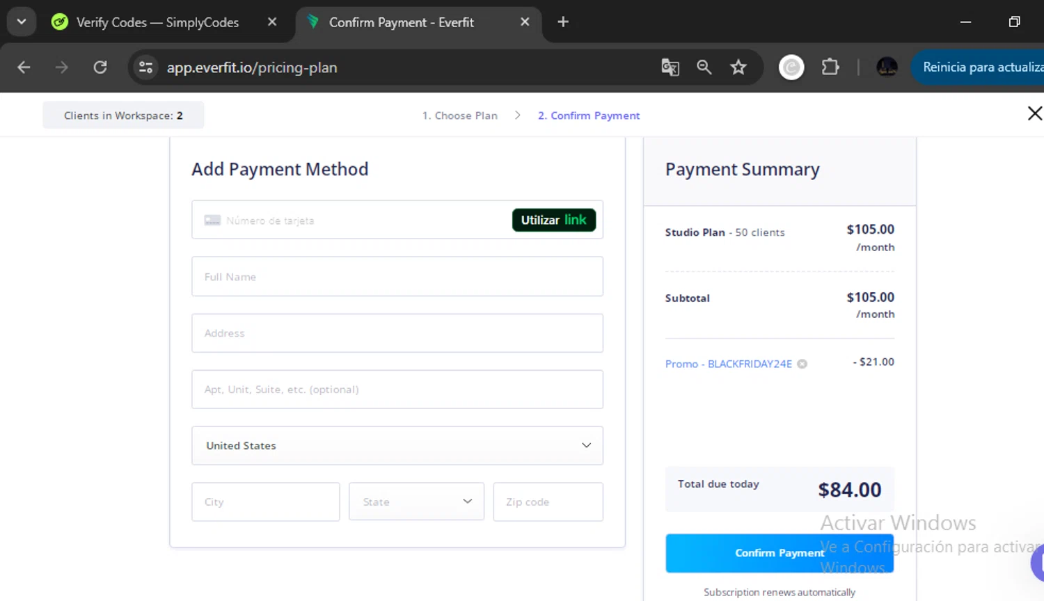 Everfit Software checkout page showing Everfit Software promo code box | Screenshot taken by SimplyCodes community member on Nov 22, 2024