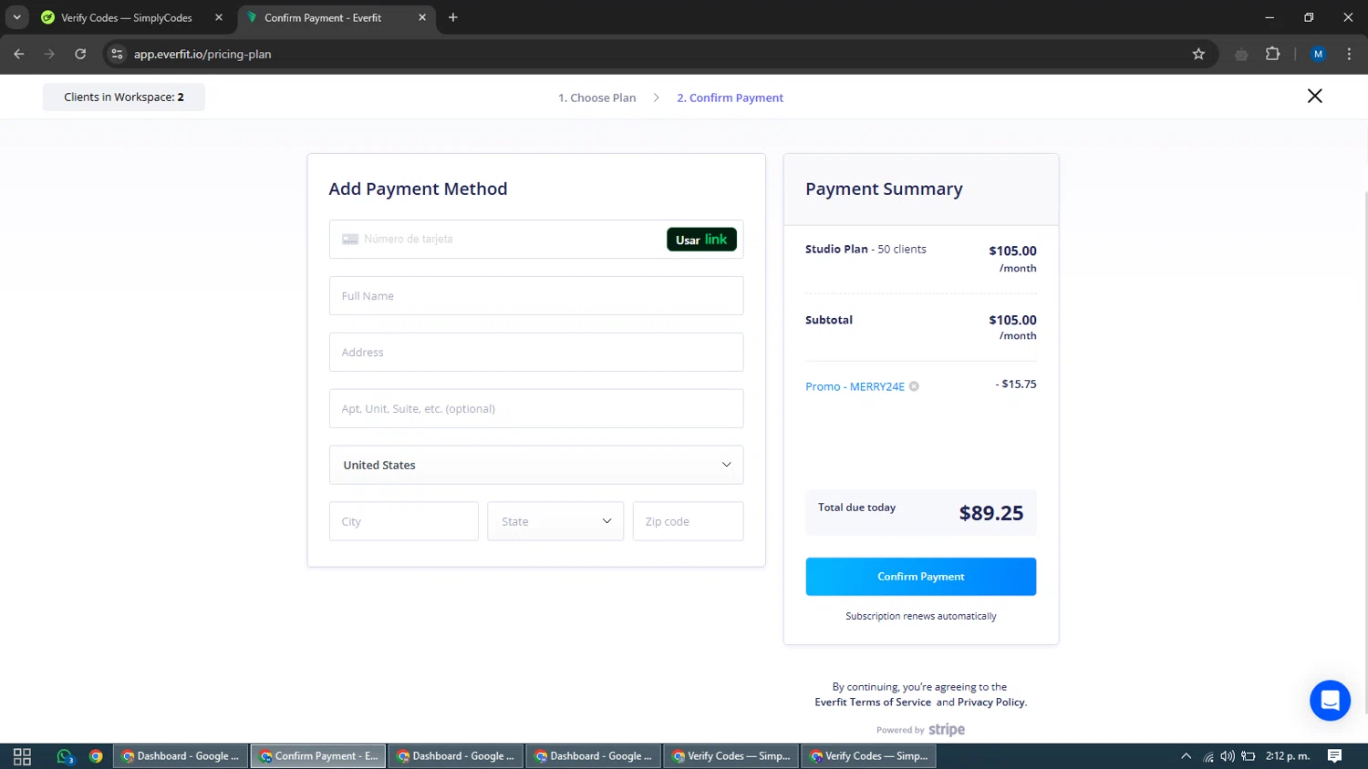 Everfit Software checkout page showing Everfit Software promo code box | Screenshot taken by SimplyCodes community member on Dec 23, 2024
